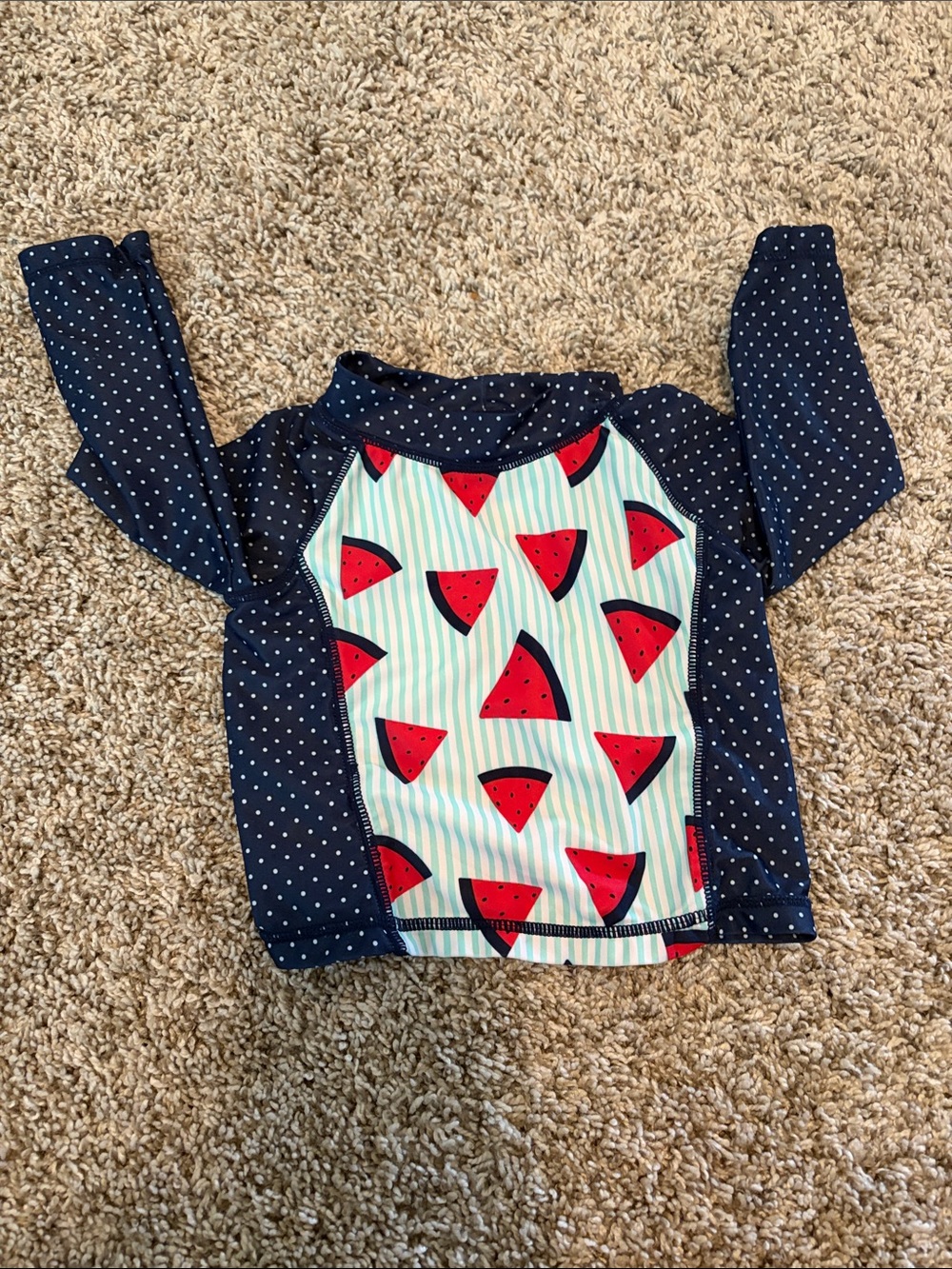 Kids Long Sleeve Swim Shirt - Navy Polka Dot with Red Watermelon Print